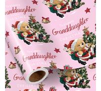 RUSPEPA Christmas Wrapping Paper Roll for Granddaughter, Mini Roll, To a Lovely Granddaughter Design with Santa Bear, Tree and Gifts, Pink Gift Wrap for Girls, Kids, 43.2cm x 5m
