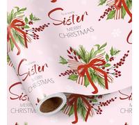 RUSPEPA Christmas Wrapping Paper Roll for Sister, Mini Roll, To a Lovely Sister Design with Red Berries, Greenery and Holiday Bow, Pink Gift Wrap for Girls, Teens, Women, 43.2cm x 5m