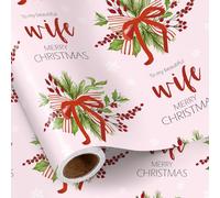 RUSPEPA Christmas Wrapping Paper Roll for Wife, Mini Roll, To a Lovely Wife Design with Red Berries, Holiday Bow and Greenery, Pink Gift Wrap for Her, Women, 43.2cm x 5m