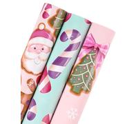 RUSPEPA Christmas Wrapping Paper Roll - Mini Roll - 3 Rolls - 43.2cm x 3.05m Per Roll - Pink & Blue Gingerbread Wrapping Paper Collection for Xmas, Party Celebration
