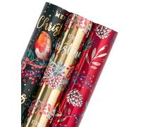 RUSPEPA Christmas Wrapping Paper Roll - Mini Roll - 3 Rolls - 43.2cm x 3m Per Roll - Bird, Christmas Garland, Holly and Pinecones Holiday Design with Metallic Foil Shine