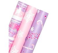 RUSPEPA Christmas Wrapping Paper Roll - Mini Roll - 3 Rolls - 43.2cm x 3m Per Roll - Pastel Pink and Purple Reindeer, Candy Cane with JOY, Snowflake Holiday Collection