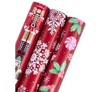 RUSPEPA Christmas Wrapping Paper Roll - Mini Roll - 3 Rolls - 43.2cm x 3m Per Roll - Red Nutcracker, Snowflake, Candy cane and Holly Holiday Collection