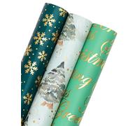 RUSPEPA Christmas Wrapping Paper Roll - Mini Roll - 3 Rolls - 43.2x305 cm Per Roll - Green Christmas Tree, Snowflake and Festive Wishes Lettering Holiday Collection with Metallic Foil Shine