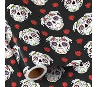 RUSPEPA Day of the Dead Dog Wrapping Paper Roll, Mini Roll, Colorful Sugar Skull Bulldog and Rose Design Gift Wrap for Halloween, Day of the Dead Party, Pet Lovers, 43.2cm x 5m