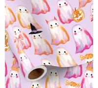 RUSPEPA Halloween Wrapping Paper Roll for Girls, Mini Roll, Cute Pastel Ghost Design with Witch Hat, Pumpkin and Candy Gift Wrap Paper for Kids Halloween Gifts, Party Decor, 43.2cm x 5m