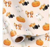 RUSPEPA Halloween Wrapping Paper Roll for Girls Mini Roll, Soft Pastel Design with Ghost, Pumpkin, Bow and Candy, Cute Wrap for Kids Halloween Gifts and Treat Bags, 43.2cm x 5m