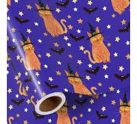 RUSPEPA Halloween Wrapping Paper Roll for Kids, Mini Roll, Cute Orange Cat with Witch Hat Design, Purple Gift Wrap with Stars and Bats for Halloween Party, Trick or Treat Gifts, 43.2cm x 5m