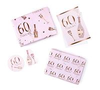 RUSPEPA Happy 60th Birthday Wrapping Paper Sheets Pink Design Including Greeting Card and Gift Tags for Birthday Wishes - 2 Fold Flat Sheets