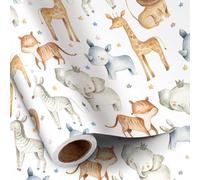 RUSPEPA Jungle Animal Wrapping Paper Roll for Boy Girl, Mini Roll, Cute Safari Design with Elephant Giraffe Zebra Lion Gift Wrap for Kids' Birthday, Baby Shower, Nursery Celebrations, 43.2cm x 5m