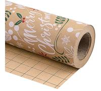 RUSPEPA Kraft Christmas Wrapping Paper - Mini Roll - 43.2cm x 10m - "Merry Christmas" Lettering with Christmas Leaves Design for Chrsitmas, Holiday, Party Celebration