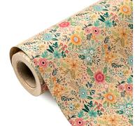 RUSPEPA Kraft Floral Wrapping Paper Roll - Mini Roll - 43.2cm x 10m - Spring Summer Garden Flower Design Perfect for Wedding, Bridal Shower, Birthday
