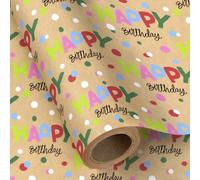 RUSPEPA Kraft Happy Birthday Wrapping Paper for Kids, 43.2cm x 3m | Colorful Lettering & Confetti Dots, Natural Kraft Look, Easy to Cut & Fold, Ideal for Birthday Party Celebration & DIY Crafts