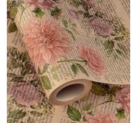 RUSPEPA Kraft Vintage Floral Wrapping Paper - Mini Roll - 43.2cm x 5m - Retro Rose Flower Letter Print Newspaper Kraft Wrapping Paper for Birthday, Wedding, Bridal Shower, Anniversary