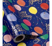 RUSPEPA Mini Birthday Wrapping Paper Roll - Colorful Balloons & Gold Foil "Happy Birthday" Text, Blue Paper, 43.2cm x 5m - For Boys, Girls, Baby Shower, Party Celebrations
