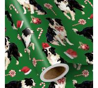 RUSPEPA Mini Christmas Wrapping Paper Roll Green Border Collie Santa Hat Bow Ornament Print Perfect for Dog Lovers and Kids Holiday Gifting 43.2cm x 5m
