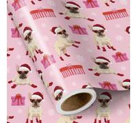 RUSPEPA Mini Christmas Wrapping Paper Roll Pink French Bulldog Santa Hat Design Stylish Gift Wrap for Girls Teens and Pet Lovers 43.2cm x 5m