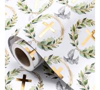 RUSPEPA Mini Religious Wrapping Paper Roll Gold Foil Cross Dove Olive Branch Design Elegant Wrap for Church Events Baptism and Baby Shower 43.2cm x 5m