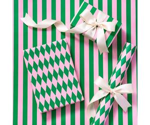 RUSPEPA Mini Reversible Wrapping Paper - Green & Light Pink Stripes/Diamond Pattern, 43.2cm x 5m - Perfect for Christmas, Birthday, Valentine’s Day, Merry Market Gifts
