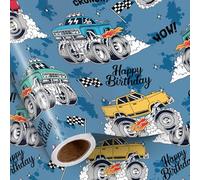 RUSPEPA Monster Truck Wrapping Paper Roll for Kids Boys, Mini Roll, Blue Big Wheels Truck & Checkered Flag Design, Racing Gift Wrap for Birthday, Adventure Celebration, 43.2cm x 5m