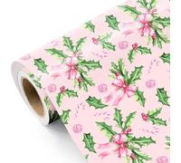 RUSPEPA Pink Christmas Wrapping Paper - Mini Roll - 43.2cm x 5m - Pink Holly Berry Bows Wrapping Paper for Girls Kids Present, Christmas Holiday, Winter Season, Wedding