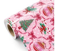 RUSPEPA Pink Christmas Wrapping Paper Roll - Mini Roll - 43.2cm x 5m - Festive Tree, Candy Canes, Holly and Bow Wrapping Paper for Girls, Christmas, Holiday, Party Celebration