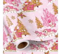 RUSPEPA Princess Christmas Wrapping Paper Roll, Mini Roll, Unicorn Sleigh, Castle and Golden Tree Design, Pink Gift Wrap for Girls, Kids, Friends, Family, Xmas, Holiday Party, 76cm x 10m