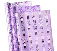 RUSPEPA Purple Christmas Wrapping Paper Set, Mini Roll, Gold Foil Nutcracker Soldier, Snowflake and Bow Design Gift Wrap Paper Perfect for Gifts, 3 Rolls, 43.2cm x 3m per Roll
