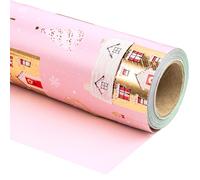 RUSPEPA Reversible Christmas Wrapping Paper - Mini Roll - 43.2cm x 10m - Pink House and Polka Dots Design with Metallic Foil Shine for Chrsitmas, Holiday, Party Celebration