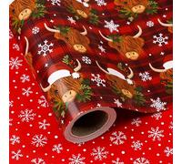 RUSPEPA Reversible Cow Christmas Wrapping Paper - Mini Roll - 43.2cm x 10m - Highland Cow and Snowflake Wrapping Paper for Xmas, Party Celebration