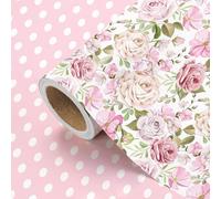 RUSPEPA Reversible Floral Wrapping Paper Roll - Mini Roll - 43.2cm x 5m - Pink Rose Floral and Dot Wrapping Paper for Girls, Women, Baby Shower