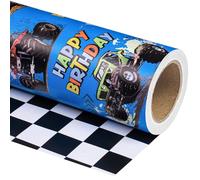 RUSPEPA Reversible Monster Truck Birthday Wrapping Paper Roll - Mini Roll - 43.2cm x 5m - Birthday Monster Truck Wrapping Paper with Checkered Flag Gift Wrap for Kids Boys, Baby Shower