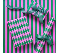 RUSPEPA Reversible Wrapping Paper Roll (43.2cm x 5m) - Pink & Green Stripes & Diamond Pattern, Gift Wrap for Girls, Christmas Valentine's Day Merry Market