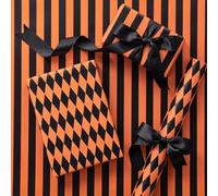 RUSPEPA Reversible Wrapping Paper Roll, Mini Roll, Orange Black Stripes and Diamond Pattern Gift Wrap for Teens, Halloween, Fall Party, Birthday, Spooky Celebration, Carnival, 43.2cm x 5m
