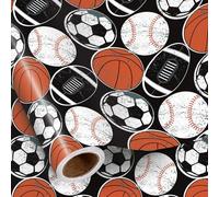 RUSPEPA Sports Ball Wrapping Paper Roll for Boys, Mini Roll, Basketball, Soccer, Baseball and Football Design, Black Gift Wrap for Sports Birthday, Game Day Party, 43.2cm x 5m