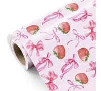 RUSPEPA Strawberry Bow Wrapping Paper Roll - Mini Roll - 43.2cm x 5m - Pink Bow and Sweet Strawberry Wrapping Paper for Women Girls Birthday, Baby Shower, Wedding, Bridal Shower