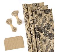 RUSPEPA Wrapping Paper Rolls with Tags, Jute String - 43 cm x 3 Meter per Roll, Total of 3 Rolls, Flowers Black