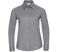 Russell Collection Ladies Oxford Shirt, Long Sleeve, 2-Button Cuffs, Silver, Size S