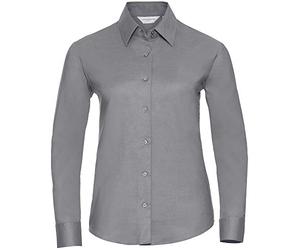 Russell Collection Ladies Oxford Shirt, Long Sleeve, 2-Button Cuffs, Silver, Size S