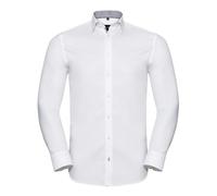 Russell Collection Men's Long Sleeve Contrast Herringbone Shirt in White | Size: 17 inches Russell Collection White 17 inches