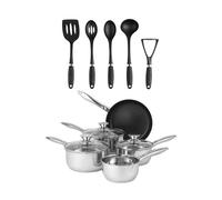 Russell Hobbs 10-Piece Pan & Utensil Set - Milk Pan, 3 Saucepans & Frying Pan, Stainless Steel, Includes Glass Lids, Masher, Slotted Turner, Slotted Spoon, Solid Spoon, Ladle, Durable Nylon Utensils