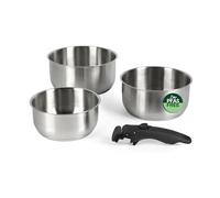 Russell Hobbs 3-Piece Saucepan Set - 18/18/20 cm Stainless Steel Cooking Pots, Detachable Clip-On Handle, Stackable, Compact, PFAS-/PFOA-Free, Oven Safe up to 200 ºC, Smooth Satin Finish, Space-Saving