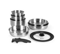 Russell Hobbs 6-Piece Pan Set - 20/24/28 cm Frying Pans, 18/18/20 cm Saucepans with Universal Glass Lid, Stainless Steel, Detachable Clip-On Handle, Stackable, PFAS-/PFOA-Free, Oven Safe up to 200 ºC