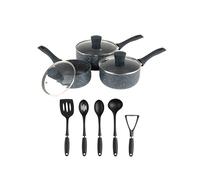 Russell Hobbs 8-Piece Pan & Utensil Set - 16/18/20 cm Non-Stick Saucepans, Glass Lids Included, Induction, Forged Aluminium, Masher, Spatula, Slotted/Solid Spoon, Ladle, Soup, Sauces, Easy to Clean
