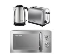Russell Hobbs Brushed Classics Bundle - Kettle, 2 Slice Toaster, And Manual Microwave, Silver