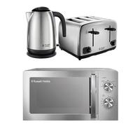 Russell Hobbs Classics Brushed Stainless Steel Kitchen Set, 1.7L 3000W Kettle, 4 Slice Toaster with Variable Browning Levels & 20L 800W Microwave with 5 Power Levels, CLCSBNDL4BR