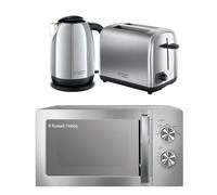 Russell Hobbs Classics Polished Stainless Steel Kitchen Set, 1.7L 3000W Kettle, 2 Slice Toaster with Variable Browning Levels & 20L 800W Microwave with 5 Power Levels, CLCSBNDL2SS