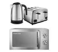 Russell Hobbs Classics Polished Stainless Steel Kitchen Set, 1.7L 3000W Kettle, 4 Slice Toaster with Variable Browning Levels & 20L 800W Microwave with 5 Power Levels, CLCSBNDL4SS