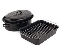 Russell Hobbs COMBO-1922 Vitreous Enamel 34cm Roaster and 36 cm Roasting Pot with Lid -Durable Steel Ovenware, Rectangular Roasting Pan with Stainless Steel Rack, Dishwasher Safe, Black