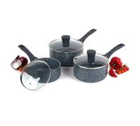 Russell Hobbs COMBO-4838A Nightfall Stone Saucepan Set, 3 Piece Pan Set, 16/18/20 cm, for All Hob Types Including Induction, Comfortable Bakelite Handle, Tempered Glass Lids, Blue Marble Aluminium